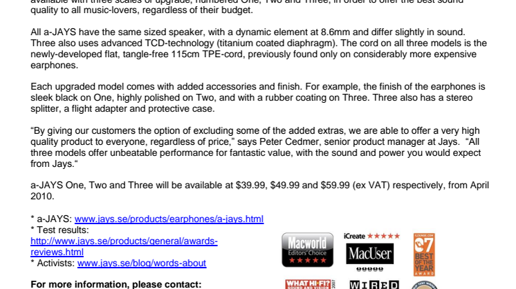 Jays launches a-JAYS – high performance earphones with three-tiered pricing