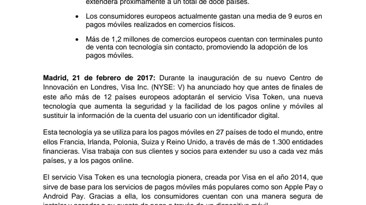 La tecnología de Visa facilitará los pagos móviles en más de 12 países antes de finales de 2017