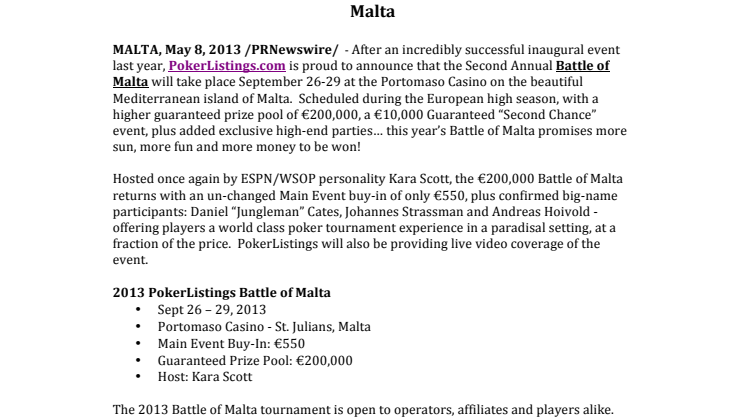 PokerListings Announces Return of the Battle Of Malta Live Poker Tournament