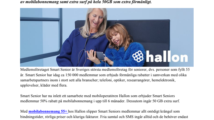 Nytt samarbete: Smart Seniors medlemmar erbjuds 50% rabatt och 50GB extra surf hos mobiloperatören Hallon