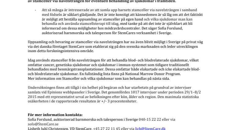 Intresset för uppsamling och bevarande av Stamceller ökar i Sverige