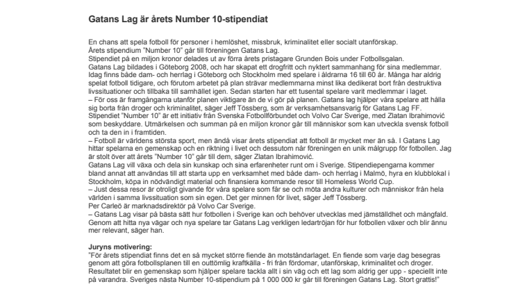 Gatans Lag är årets Number 10-stipendiat