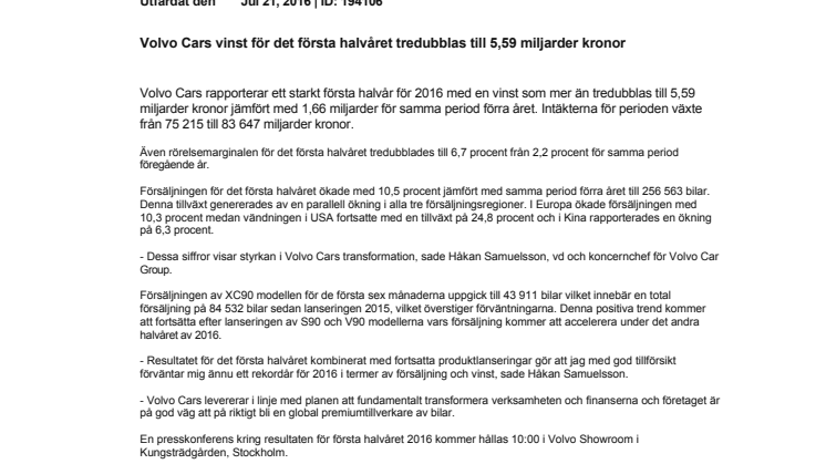Volvo Cars vinst för det första halvåret tredubblas till 5,59 miljarder kronor