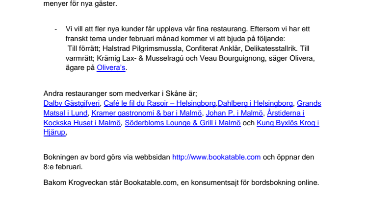 Restaurang Olivera’s i Lomma öppnar dörrarna under Krogveckan