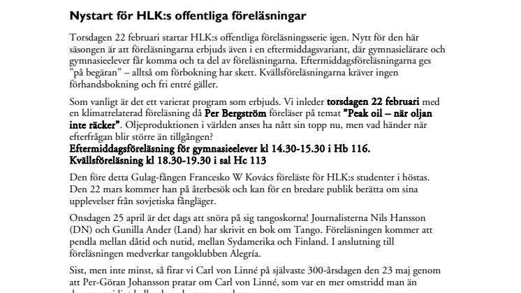Nystart för HLK:s offentliga föreläsningar