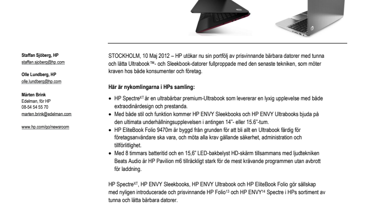 HP utökar sitt sortiment av tunna och lätta bärbara med nya Ultrabooks och Sleekbooks