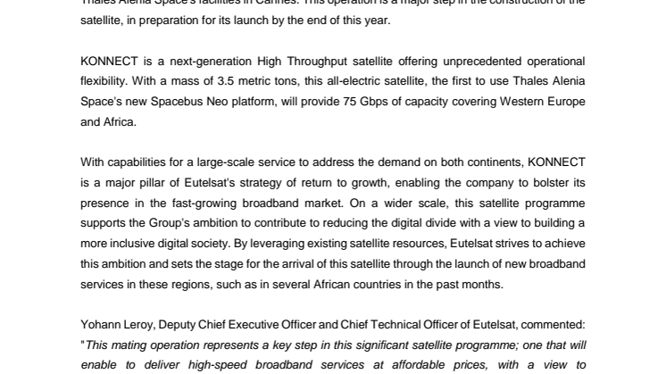 Successful mating of Eutelsat's KONNECT satellite payload with its all-electric platform