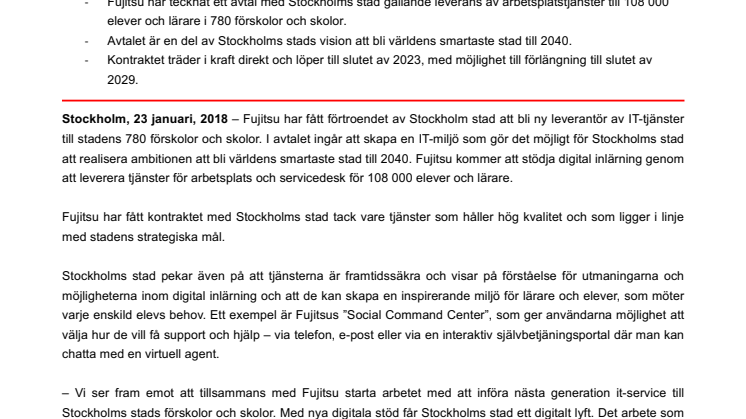 Fujitsu tecknar avtal med Stockholms stad gällande IT-tjänster och digital inlärning 