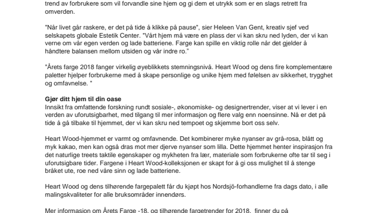 Nordsjö lanserer Heart Wood som årets farge 2018