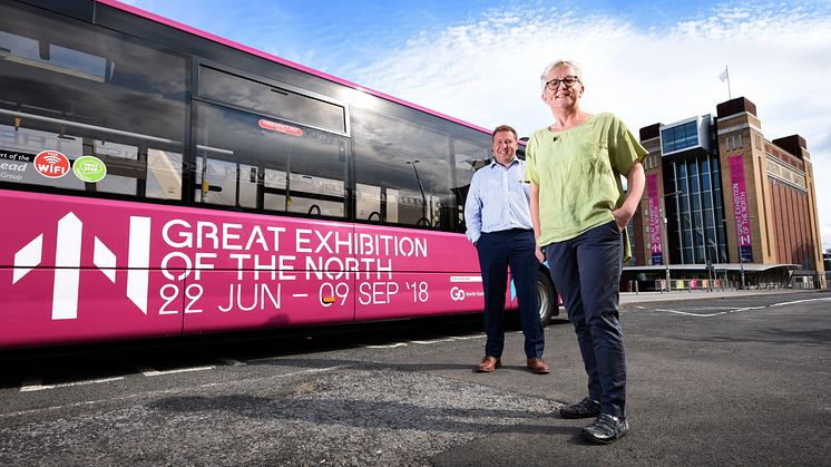 Carol Bell, executive director of Great Exhibition of the North and Stephen King, commercial director of Go North East with one of the branded exhibition buses