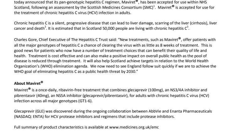 AbbVie’s MAVIRET® (glecaprevir/pibrentasvir) accepted for use within NHS Scotland