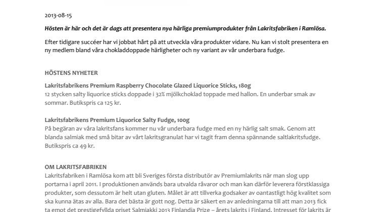 Höstens nyheter från Lakritsfabriken i Ramlösa!