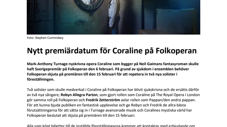 ​Nytt premiärdatum för Coraline på Folkoperan