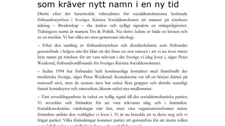 Ett förbund för troende socialdemokrater – ny identitet som kräver nytt namn i en ny tid