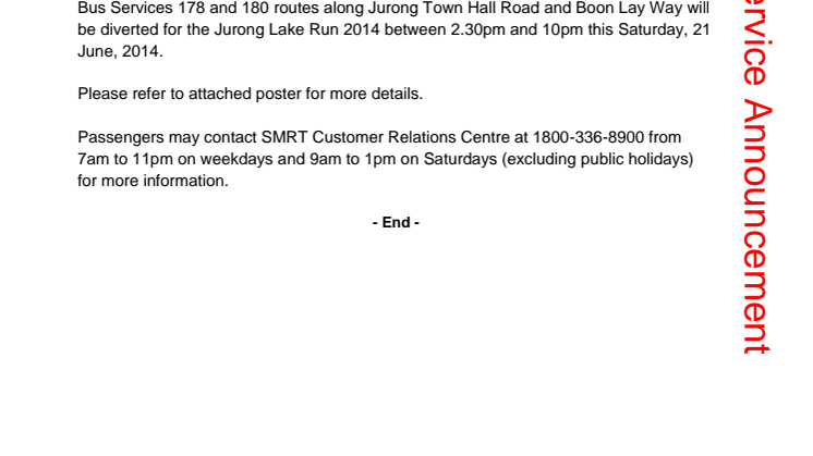 Route diversion due to Jurong Lake Run 2014 on 21 June 2014