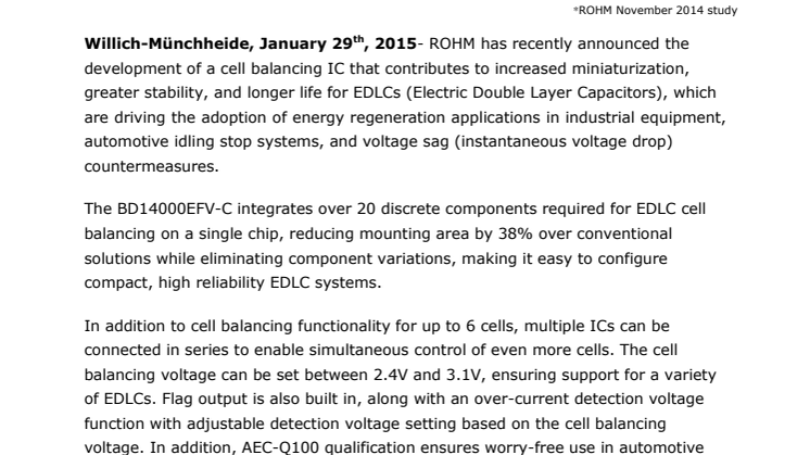 ROHM Announces the Industry’s First* Monolithic EDLC Cell Balancing IC --Promotes expansion of the EDLC energy regeneration market for automotive and industrial applications--
