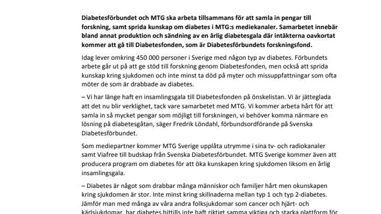 Diabetesförbundet inleder samarbete med MTG -   TV-sänd gala för diabetes