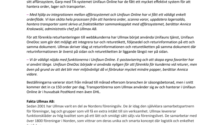 Ullmax förenklar returhantering och  sparar miljö med Unifaun OneDoc, integrerat dokument 