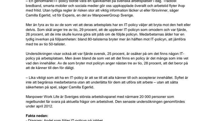 Nya resultat från Manpower Work Life: Fyra av tio bryter mot IT-policyn i Sverige 