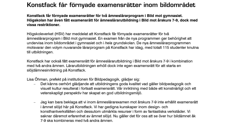 Konstfack får förnyade examensrätter inom bildområdet 