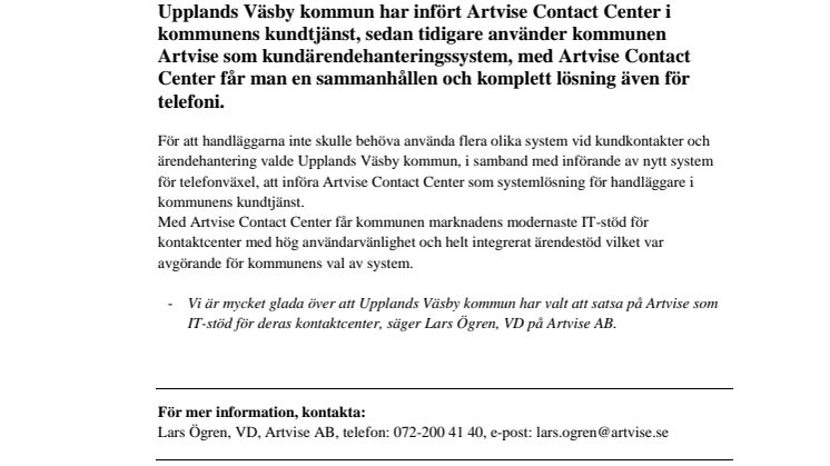 Artvise Contact Center till Upplands Väsby kommun!