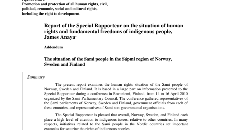 FN:s specialrapportör uppmanar Sverige att ratificera ILO-konvention om urfolks rättigheter