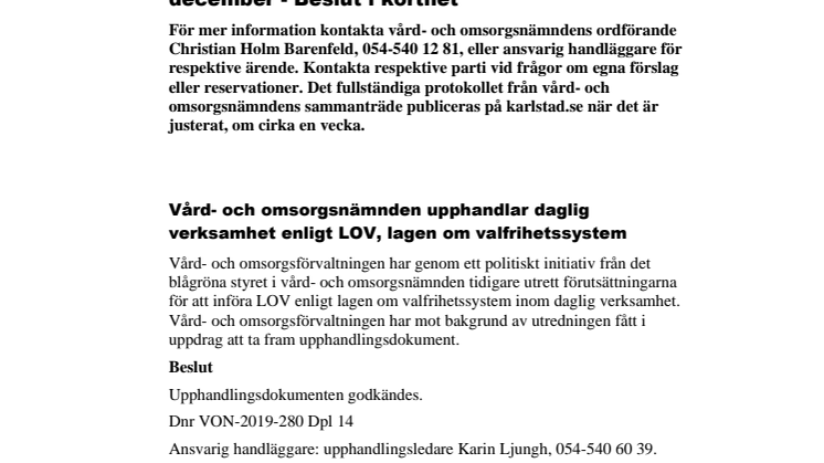 Vård- och omsorgsnämndens beslut i korthet 11 december