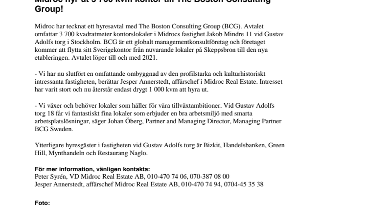 Midroc hyr ut 3 700 kvm kontor till The Boston Consulting Group!