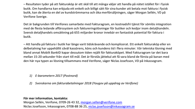 Verifone och Fakturagram lanserar faktura i butik 