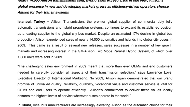 Allison Transmission achieves strong city bus and hybrid bus sales in 2009, despite tough global market