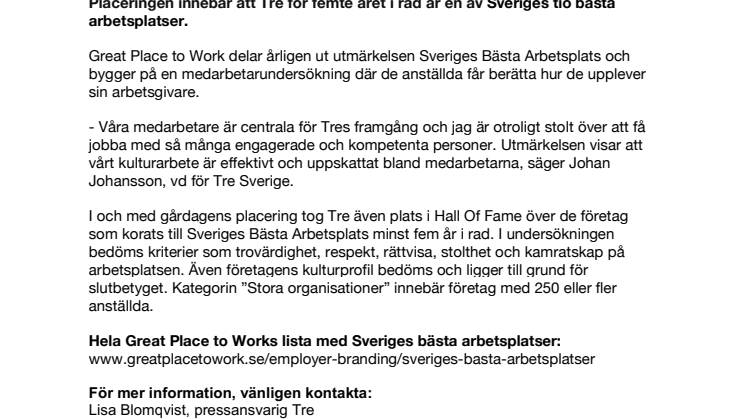 Tre är Sveriges bästa telekomarbetsplats 