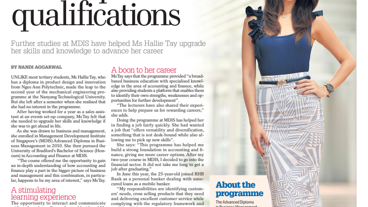 Further studies at MDIS have helped Ms Hallie Tay upgrade her skills and knowledge to advance her career