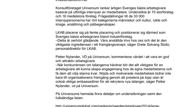 LKAB bland Sveriges bästa arbetsgivare