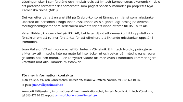 Imtech VS-teknik och BST Brandskyddsteamet Mitt AB löser tvist i samförstånd