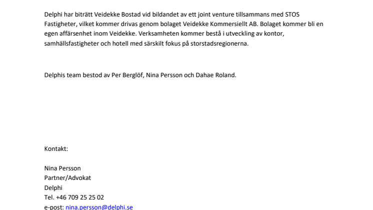 Delphi biträder Veidekke Bostad vid etableringen av ny affärsenhet inom Veidekke