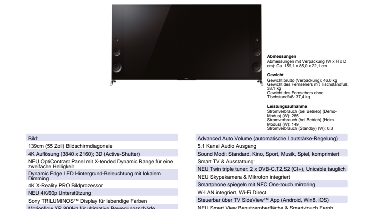 Datenblatt BRAVIA KD-55X9005B von Sony