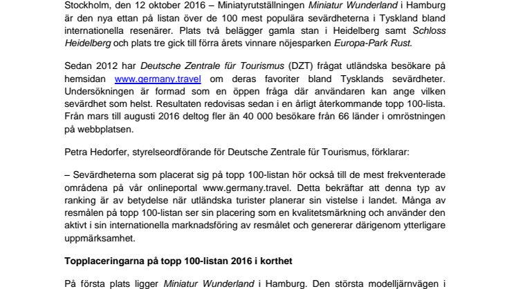 Tysklands 100 mest populära resmål 2016 – miniatyrutställningen Miniatur Wunderland i topp