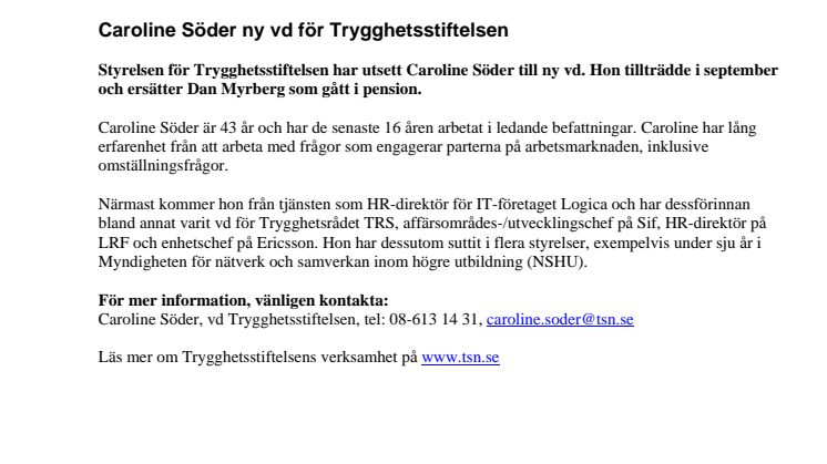 Caroline Söder ny vd för Trygghetsstiftelsen