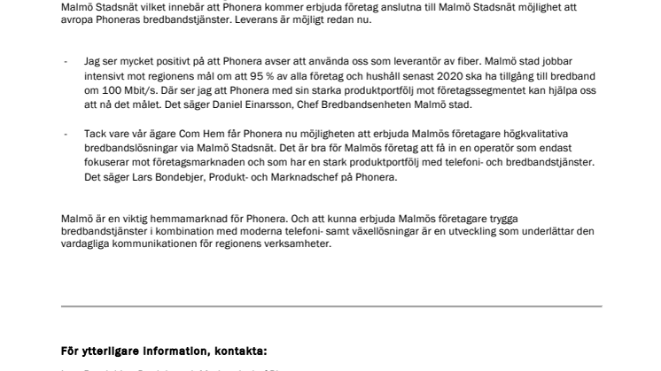 Phonera levererar bredband i samarbete med Malmö Stadsnät