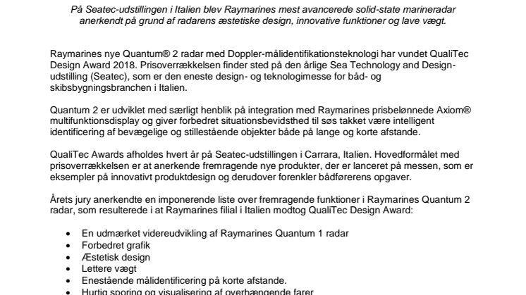 Raymarine: Quantum® 2 udpeget som vinder af QualiTec Design Award 2018 