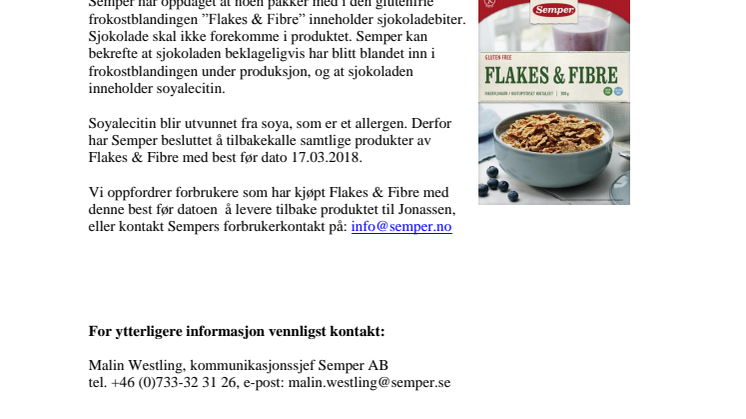 Semper trekker tilbake glutenfrie Flakes & Fibre