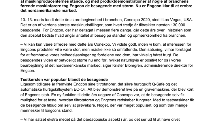 Succes på Conexpo – Engcon fortsætter med at indtage Nordamerika 