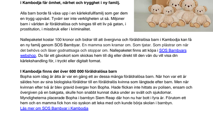 Nallepaket ger bidrag till föräldralösa barn på Alla Hjärtans Dag
