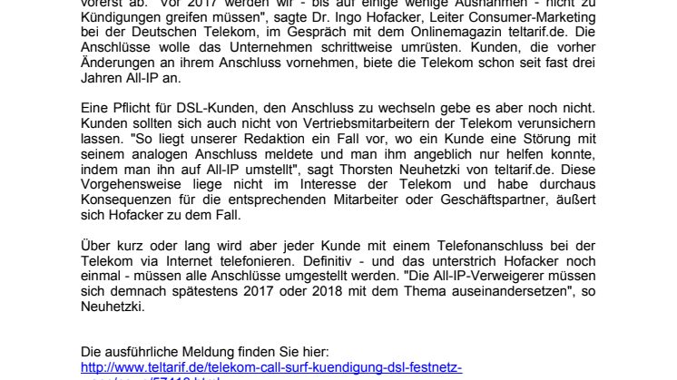Telekom: Keine Kündigungen von DSL-Anschlüssen vor 2017