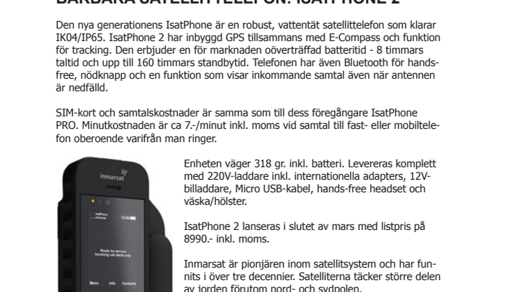 INMARSAT LANSERAR ANDRA GENERATIONENS BÄRBARA SATELLITTELEFON: ISATPHONE 2