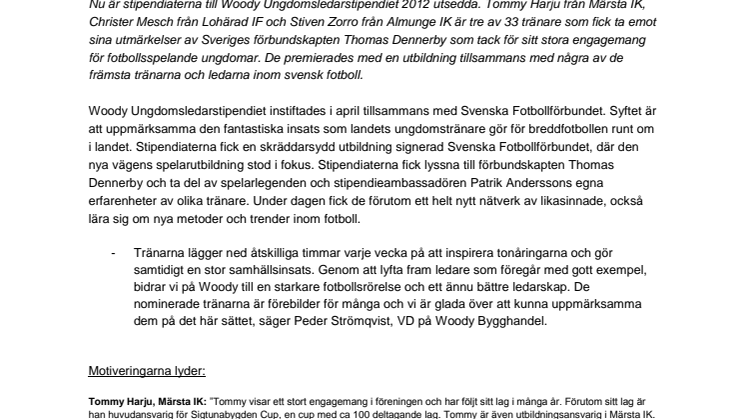 Tränare i Märsta IK, Lohärad IF och Almunge IK  får Woody Ungdomsledarstipendiet 2012 