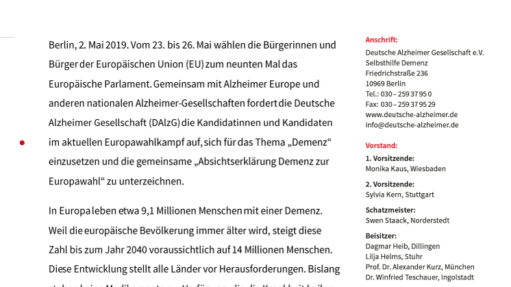 Europawahl 2019: Das Thema „Demenz“ muss zur Priorität werden