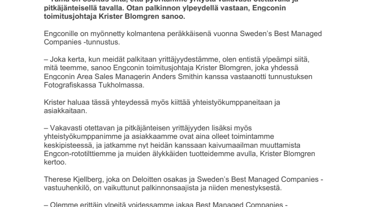 300921_Press_Engcon palkittiin kolmantena vuonna peräkkäin yhtenä Ruotsin parhaiten hoidetuista yrityksistä