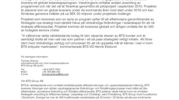 BTS Group AB tecknar avtal värt ca SEK 2,7 miljoner med ett världsledande företag inom kraft- och automationsteknik