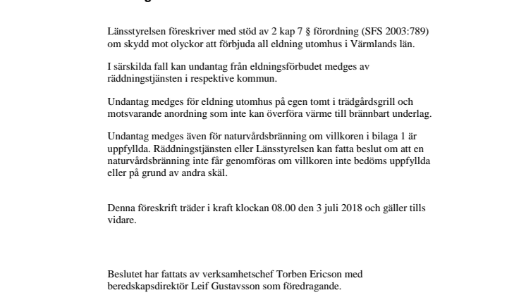 Beslut om eldningsförbud 180702